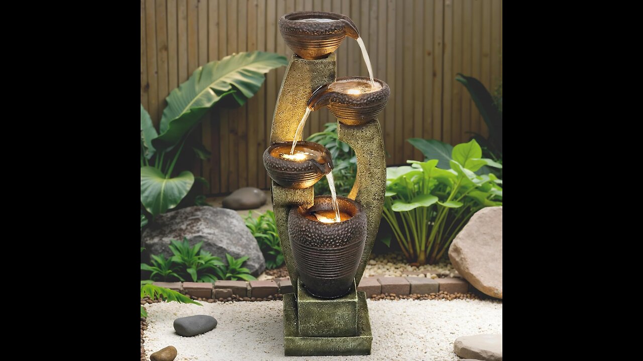 40'' Modern Outdoor Fountain with LED Lights - 4 Crocks Design