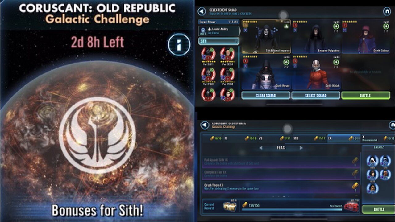 (relatively) Max Crating Galactic Challenge Coruscant: Old Republic In Real Time! SWGOH