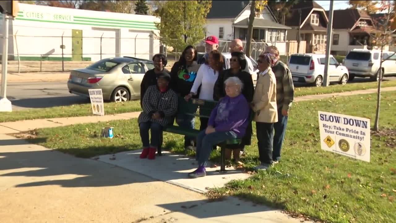 Neighborhood bench at bus stop represents compassion for the elderly, disabled