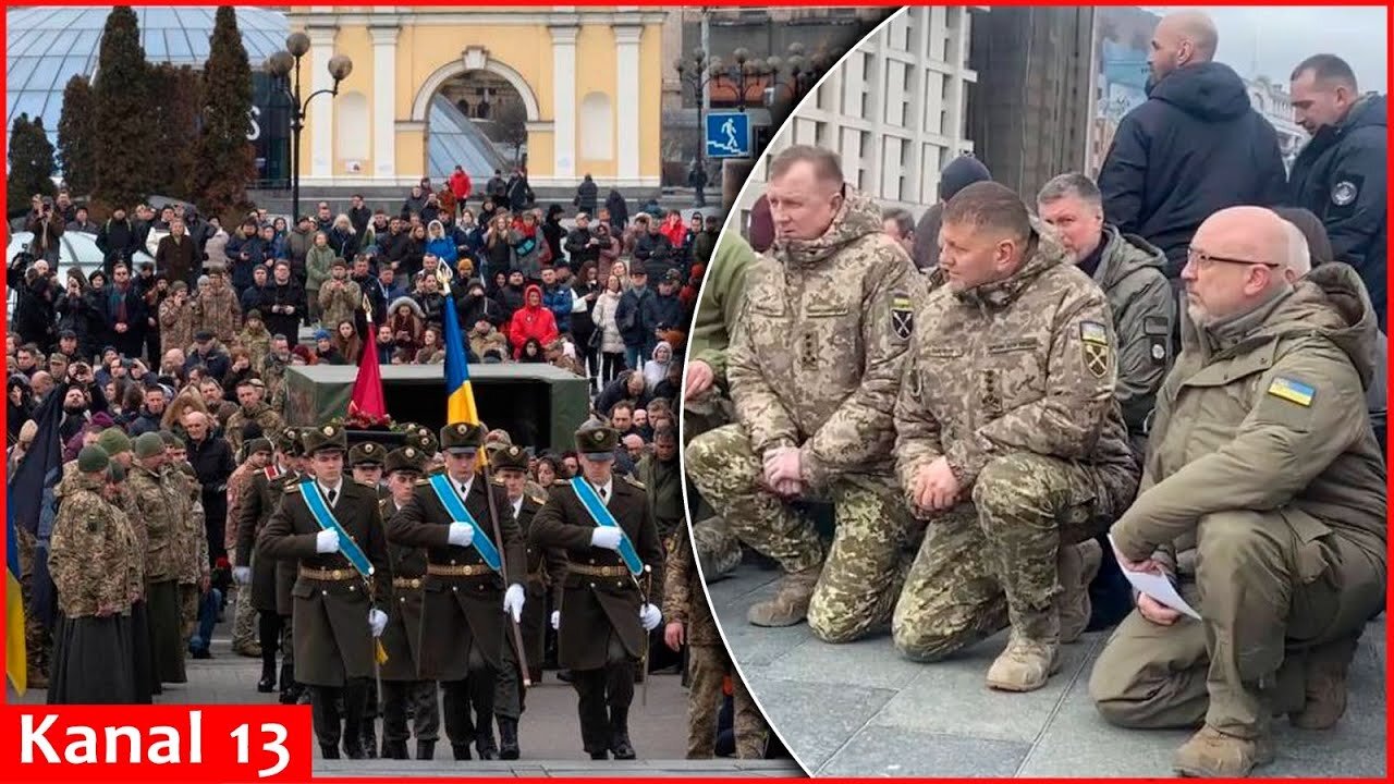 Ukrainian people and officials kneel down to bid farewell to heroic fighter who died in Bakhmut