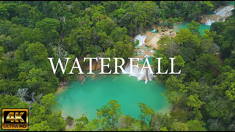 Music with nature sounds waterfall for relaxation and 4K quality video