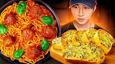 ASMR SPAGHETTI & MEATBALLS + CHEESY GARLIC BREAD MUKBANG COOKING & EATING SOUNDS Zach Choi ASM