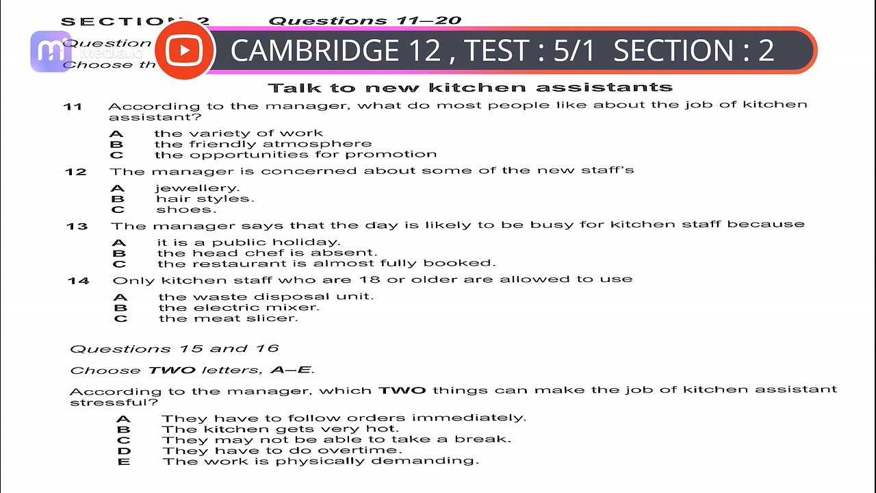 CAMBRIDGE 12 LISTENING TEST 5/1 SECTION 2 WITH ANSWER : HD QUALITY