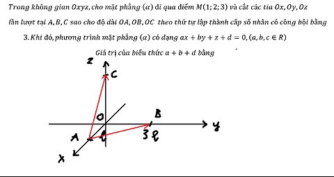 Trong không gian Oxyz,cho mặt phẳng (α) đi qua điểm M(1;2;3) và cắt các tia Ox,Oy,Oz