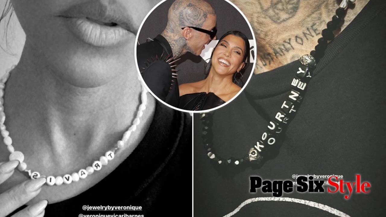 Travis Barker and Kourtney Kardashian debut matching name necklaces