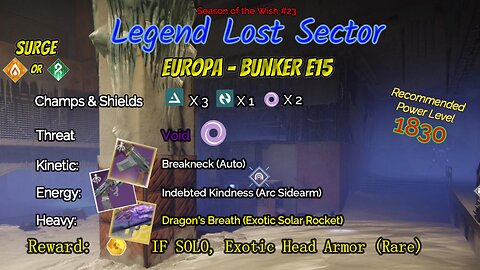 Destiny 2 Legend Lost Sector: Europa - Bunker E15 on my Stasis Titan 2-28-24