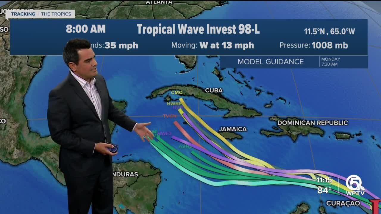 Invest 98-L has 35 mph winds, track still uncertain
