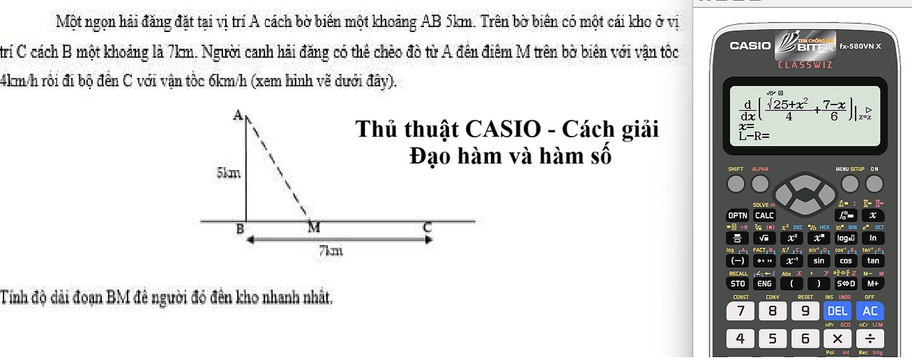 Toán 12: CASIO: Một ngọn hải đăng đặt tại vị trí A có khoảng cách đến bờ biển A B = 5 k m