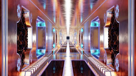 golden sci-fi tunnelwith blue wireframe edges vj loop | free 4k background video animation