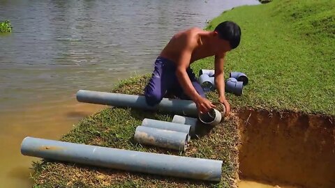 Making Trap To Catch Catfish In The Secret Hole With PVC Pipe & Chicken Eggs-9