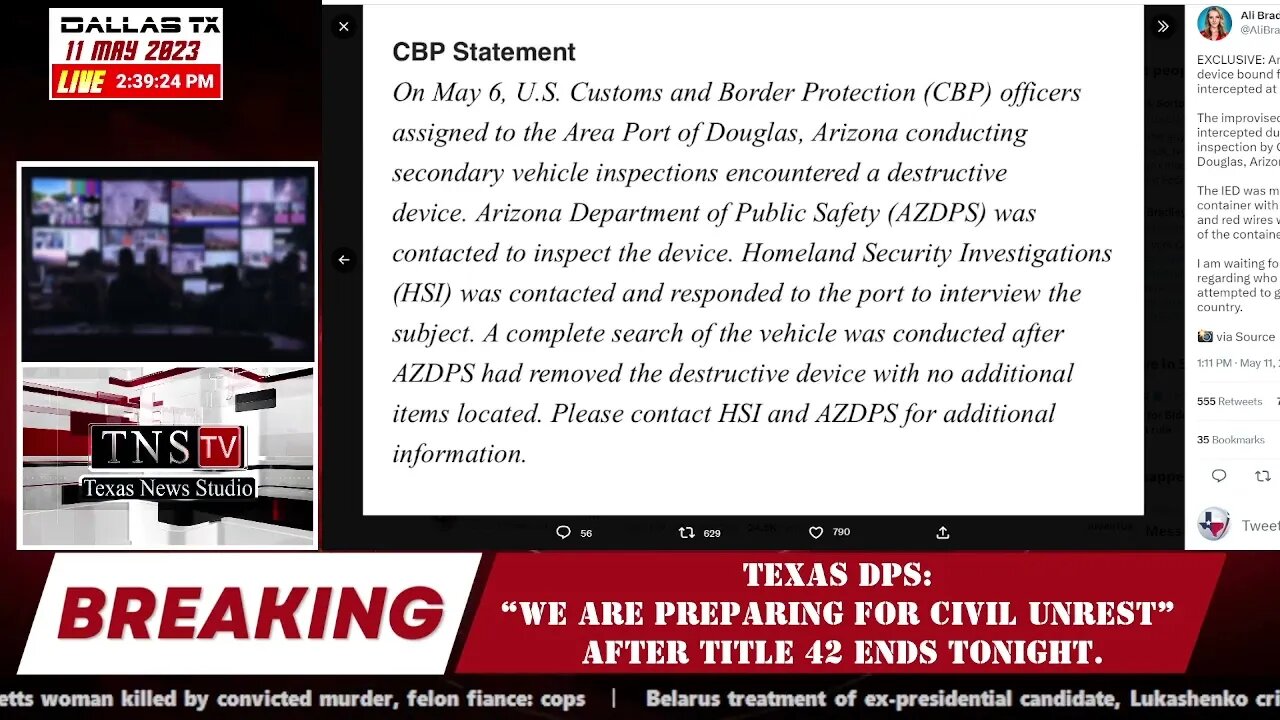 URGENT: TEXAS DPS:“We are preparing for civil unrest” after Title 42 ends tonight.