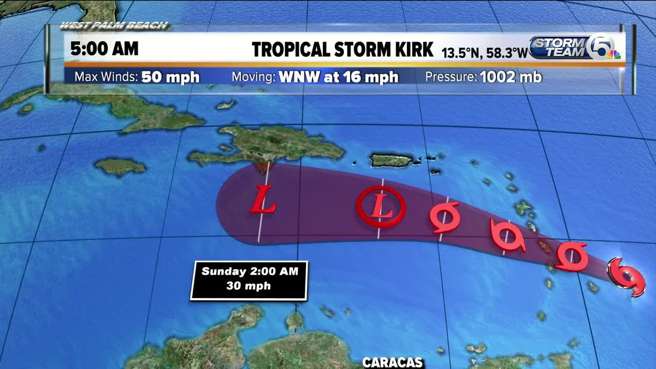 Thursday morning tropical update: Tropical Storm Kirk's winds at 50 mph