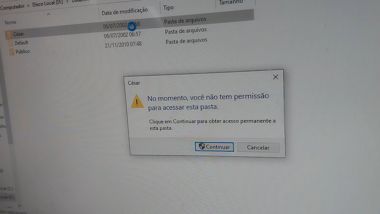 No momento você não tem permissão para acessar essa pasta - Backup