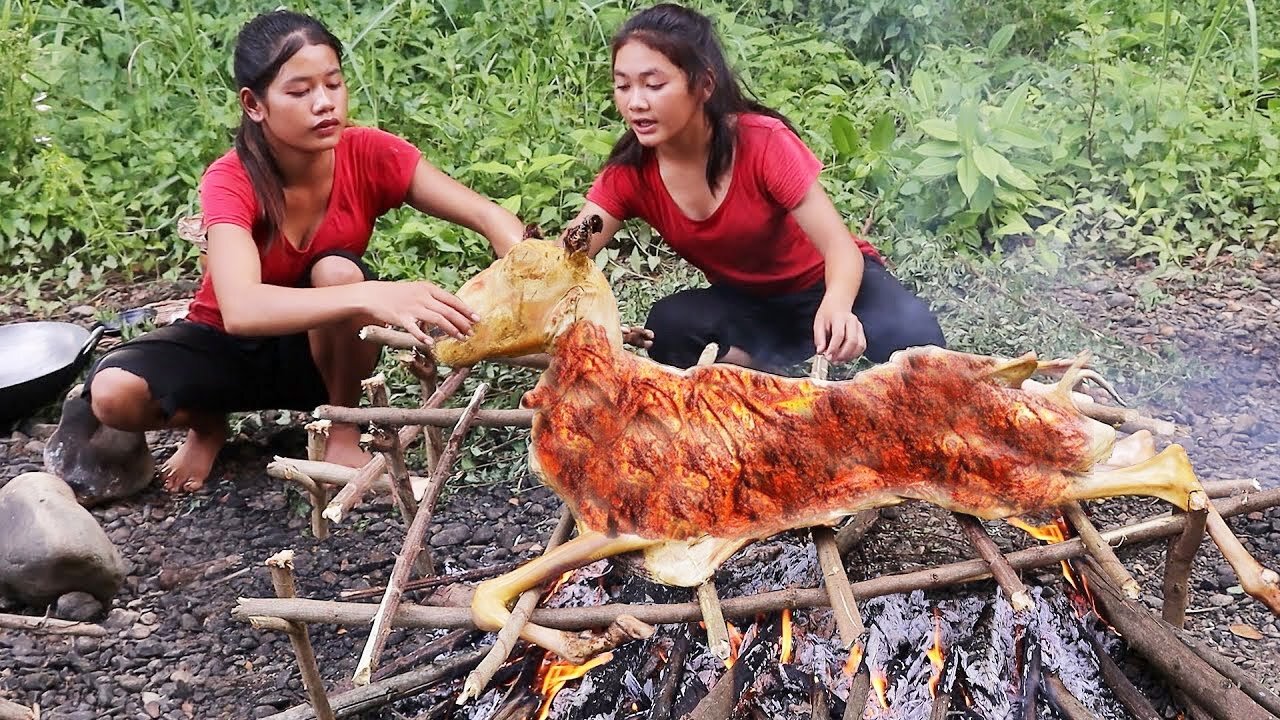 Yummy grill Goat tasty with Chili sauce for eating in forest - Survival Cooking TV