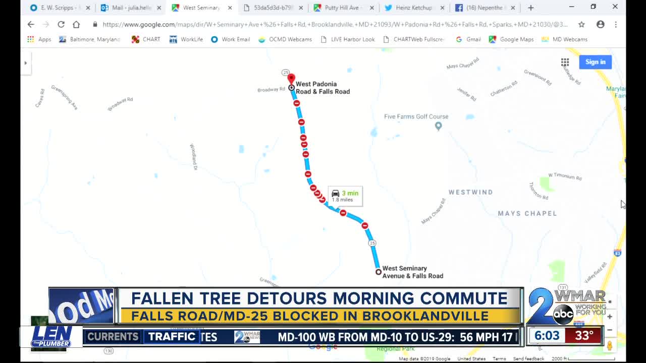 MDOT announces road closures on Falls Road due to fallen tree