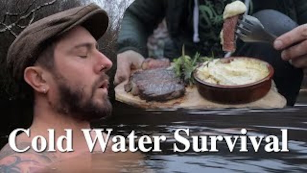 Bushcraft Cooking: Steak & Three Cheese Sauce After A Freezing Cold Plunge | Cold Water Survival