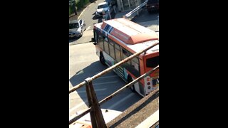 Aerial view of Orion buses from elevated train tracks Nassau county Long island New york