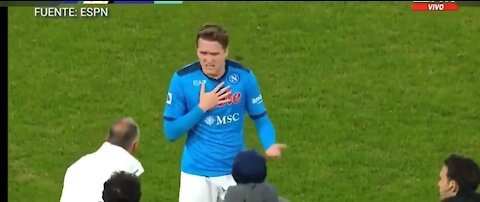 Napoli midfielder Piotr Zielinski (27) was taken off after 19 minutes, struggling to breathe.