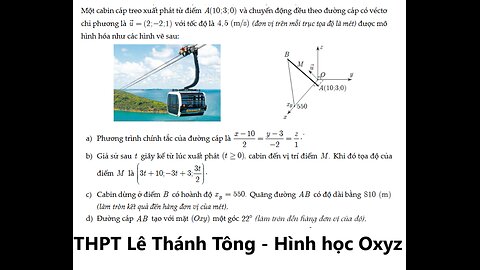 THPT Lê Thánh Tông: Một cabin cáp treo xuất phát từ điểm A (10; 3; 0) và chuyển động đều theo đường