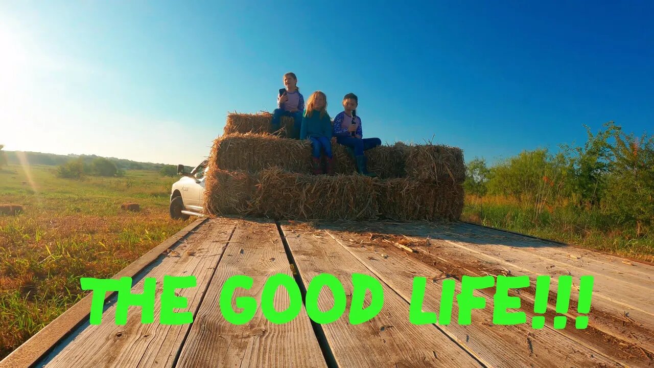 This is the Good Life!!! Picking up square bales with the 3 oldest grand daughters.