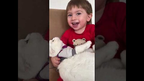 Cute baby having a lot of fun with a sweet cat on her lap