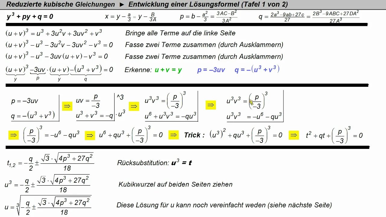 Kubische Gleichungen ► Cardanische Formeln 1 ► Herleitung der vorläufigen Formel