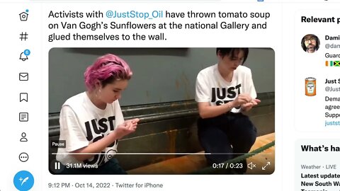 兩名抗議者在國家美術館向梵高的向日葵投擲番茄湯，並將自己粘在牆上