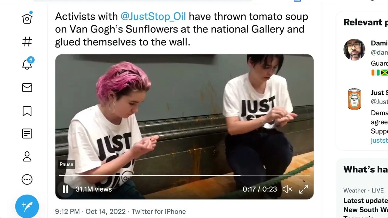 兩名抗議者在國家美術館向梵高的向日葵投擲番茄湯，並將自己粘在牆上
