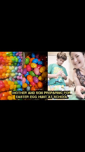 Mother and Son Preparing for Easter Egg Hunt at School