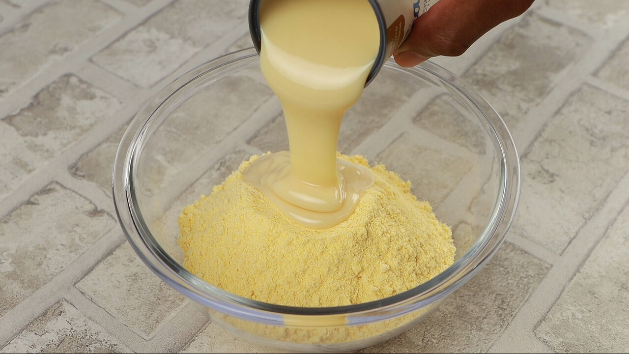 Pour condensed milk into the cornmeal, and be very surprised by the result!