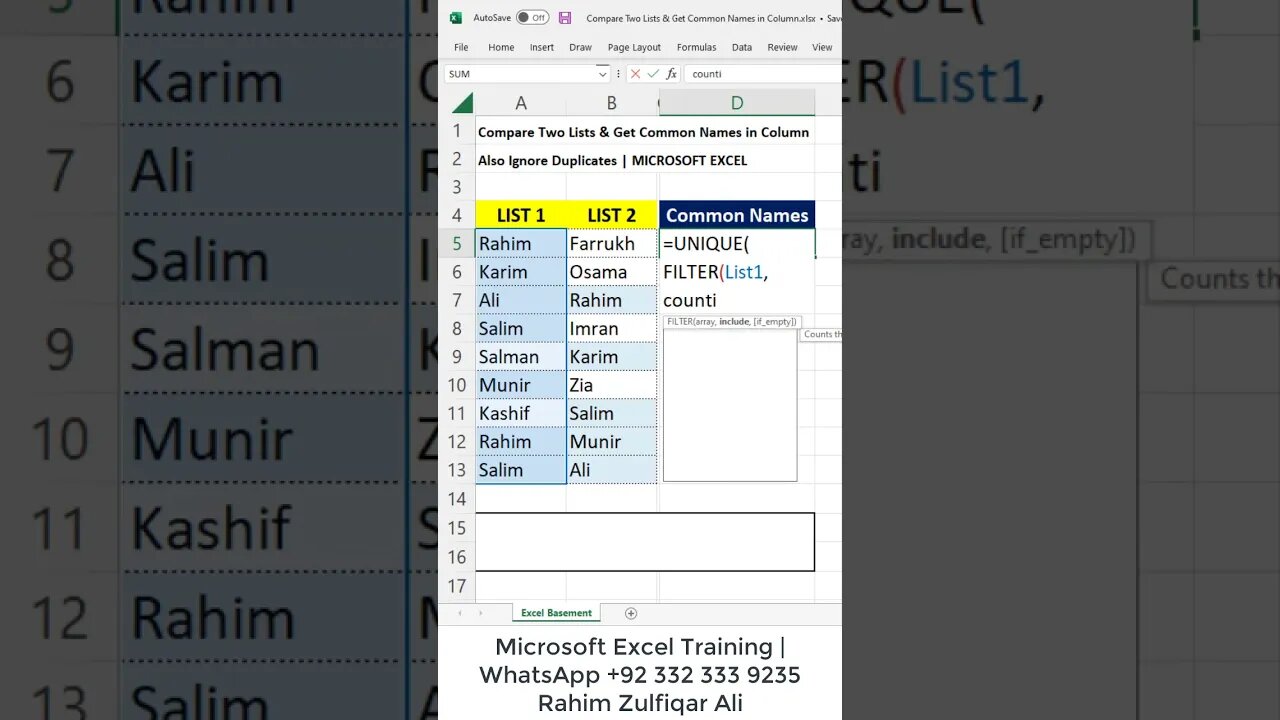 Compare Two Lists & Get Common Names in Separate Column, Unique Match Names in Excel #shorts