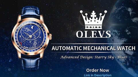 OLEVS Mens Starry Sky Moon Phase Automatic Watch| Blue Leather, Waterproof, Luminous ((Golden))