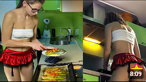 Girl cooking asparagus in short skirt