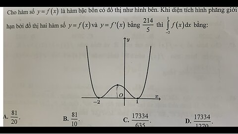 Toán 12: Cho hàm số y=f(x) có hàm bậc bốn có đồ thị như hình bên. Khi diện tích hình phẳng giới hạn