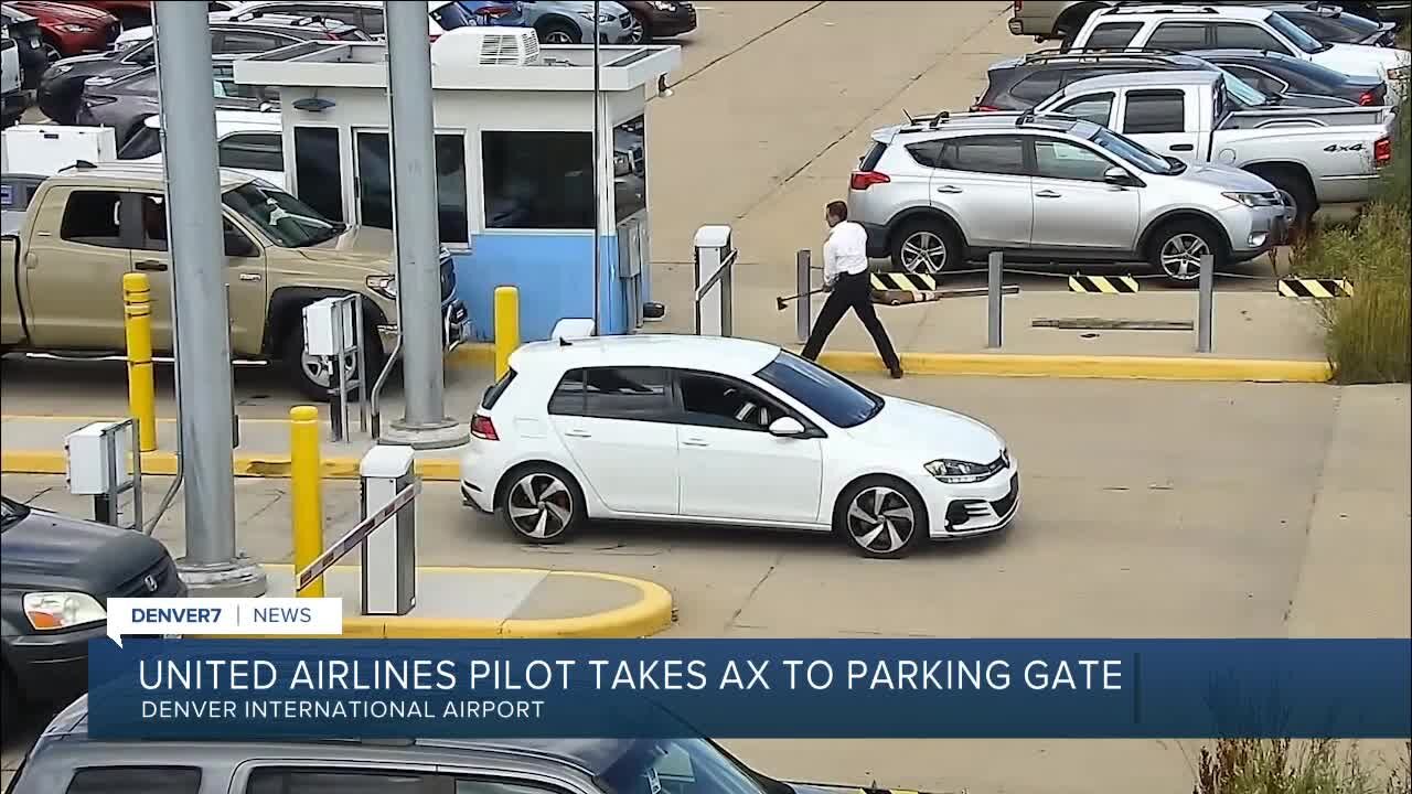 United Airlines pilot caught on surveillance video taking an axe to a parking gate at DIA