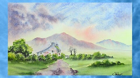 PAINTING WATERCOLORS,COUNTRY COTTAGE LANDSCAPE PAINTING