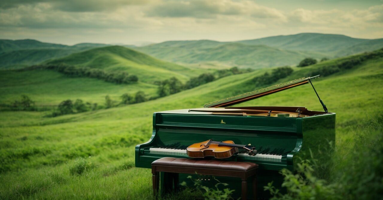 Beautiful green hill nature sound with piano music