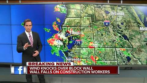 Wind knocks over block wall into construction workers