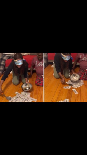 Family plays hilarious blindfold money-scooping game