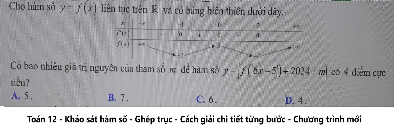 Toán 12: Cho hàm số y=f(x) liên tục trên R và có bảng biến thiên dưới đây. y=|f(|6x-5|)+2024+m|