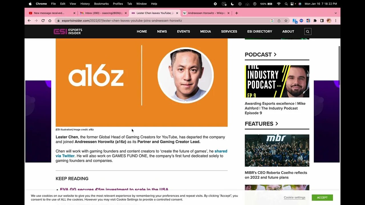 Lester Chen leaves YouTube; joins Andreessen Horowitz --- FRANSISCA SIM