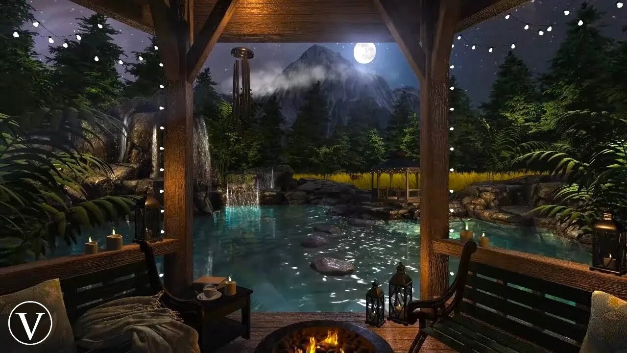 Waterside Gazebo | Night Ambience | Wind Chimes, Waterfall & Forest Nature Sounds