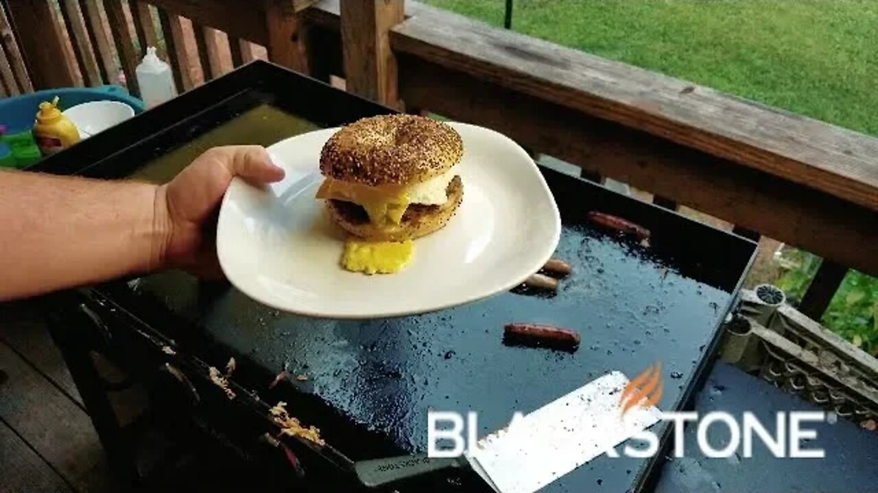 Ultimate Breakfast Sandwich on an Everything Bagel Cooked on the Blackstone Griddle