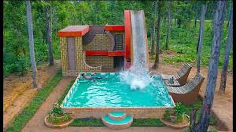 Build Water Slide Park Into Swimming Pool & Modern Villa House By wooden brick