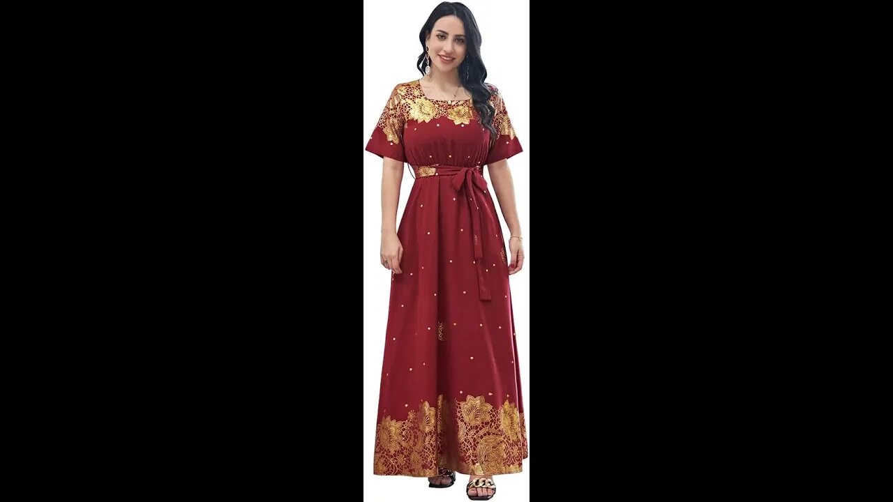 فستان ماكسي نسائي من فرايداي ان بتصميم قفطان رمضان الاسلامي باكمام قصيرة ونقشة زهور