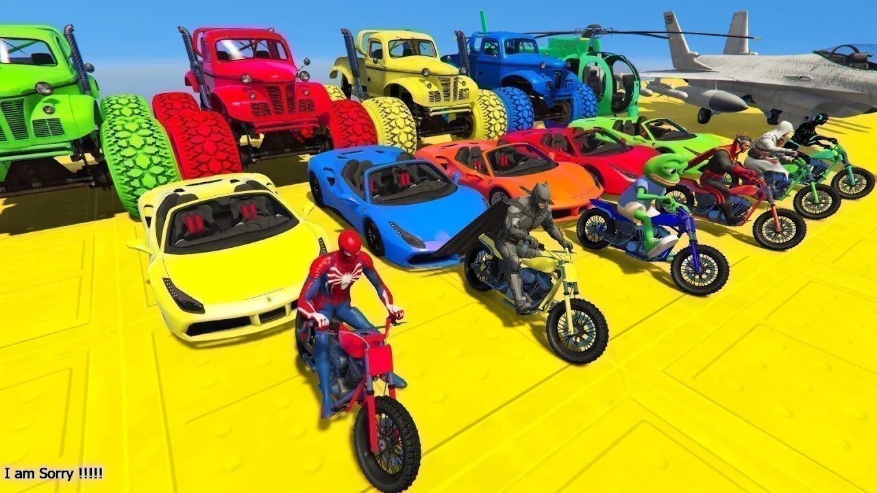 GTA V Mega Ramp On Bikes, Fighter Jets & Boats By Monster Trucks , Cars Spider man Racing Challenge