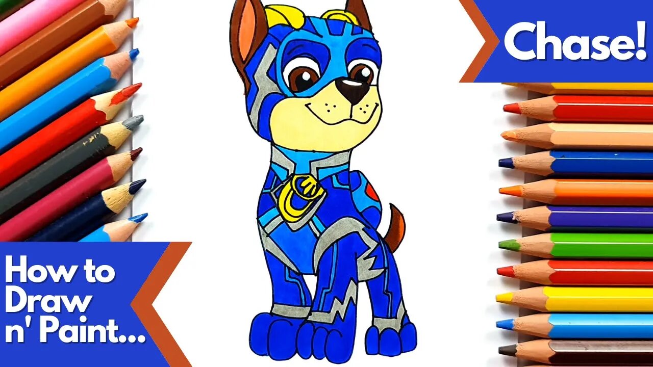 How to draw and paint Chase from Paw Patrol Mighty Pups