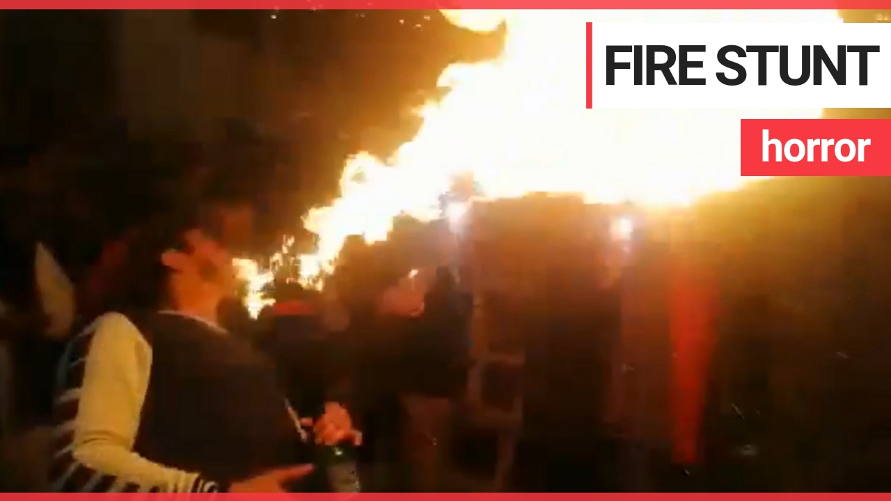 Moment a fire-breathing stunt goes horribly wrong