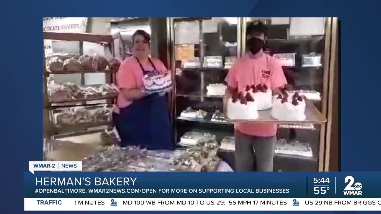 Herman's Bakery in Dundalk says "We're Open Baltimore!"