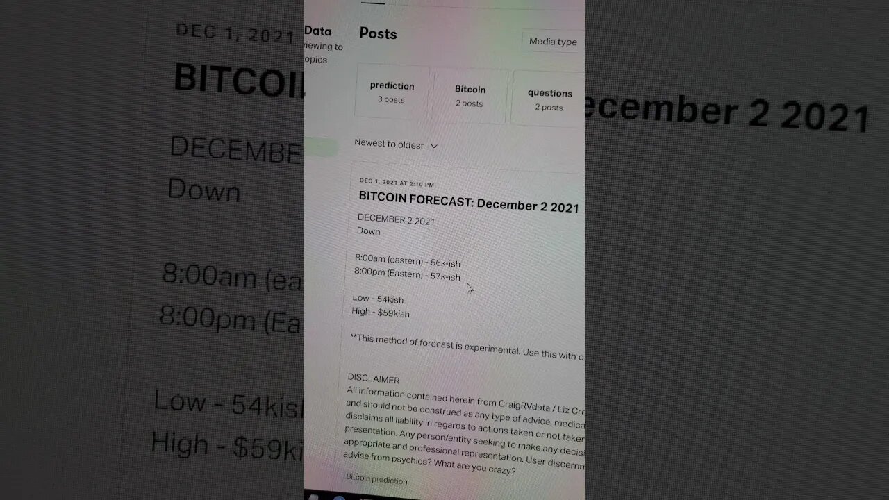 December 2 Bitcoin forecast prediction for later reference (today is december 1)